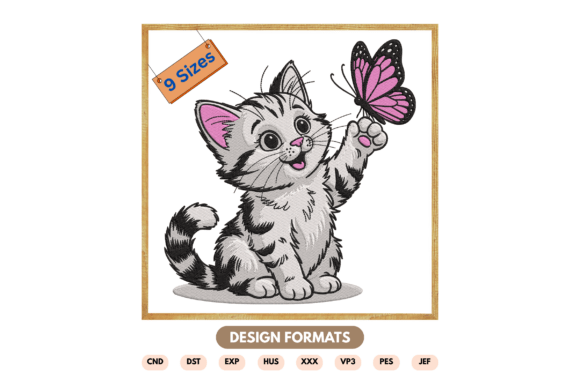 Cat with Butterfly Embroidery Design